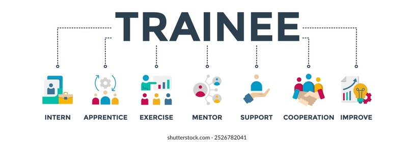 Estagiário banner web ícone vetor ilustração conceito para treinamento de estágio e aprendizagem programa de aprendizagem com um ícone de estagiário, aprendiz, exercício, mentor, apoio, cooperação e melhorar 
