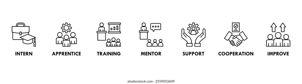 Trainee banner web icon vector illustration concept for internship training and learning program apprenticeship with an icon of intern, apprentice, training, mentor, support, cooperation, and improve