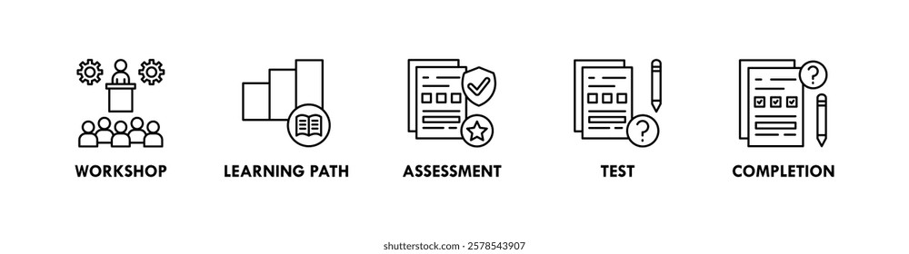 Trainee banner web icon vector illustration concept with icon of workshop, learning path, assessment, test, and completion