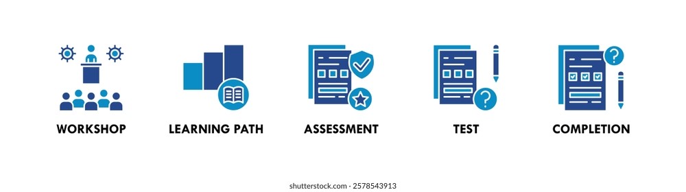 Trainee banner web icon vector illustration concept with icon of workshop, learning path, assessment, test, and completion