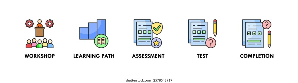 Trainee banner web icon vector illustration concept with icon of workshop, learning path, assessment, test, and completion