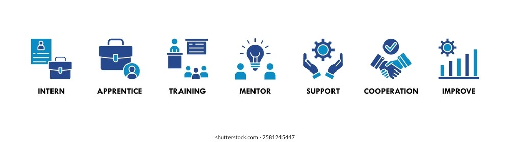 Trainee banner web icon vector illustration concept for internship training and learning program apprenticeship with an icon of intern, apprentice, training, mentor, support, cooperation and improve
