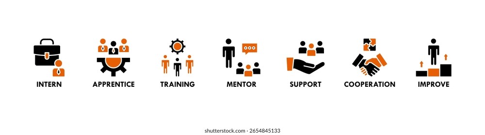 Estagiário banner web ícone vetor ilustração conceito para treinamento de estágio e aprendizagem programa de aprendizagem com um ícone de estagiário, aprendiz, treinamento, mentor, apoio, cooperação e melhorar