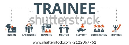Trainee banner web icon vector illustration concept for internship training and learning program apprenticeship with an icon of  intern, apprentice, training, mentor, support, cooperation, and improve Foto stock © 