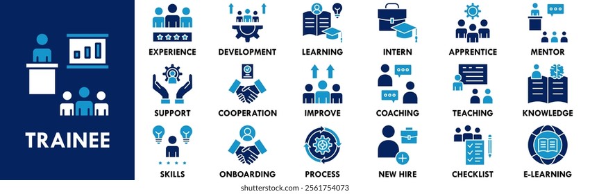Trainee icon collection set. Containing design trainee, professional, work, business, employee