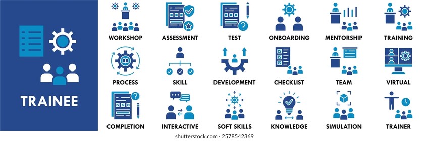 Trainee icon collection set. Containing design trainee, professional, work, learning, business