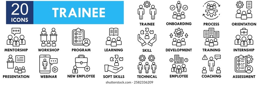 Trainee icon collection set. Containing design professional, work, job, employee, training