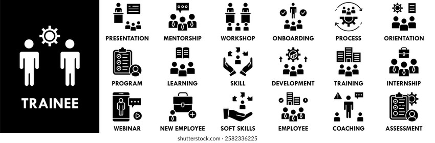 Trainee icon collection set. Containing design professional, work, job, employee, training