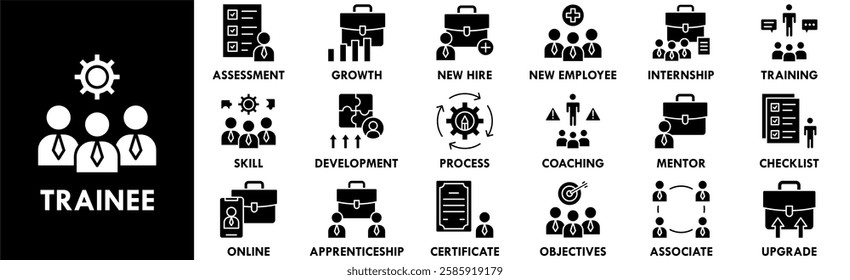Trainee icon collection set. Containing design professional, work, training, employee, learning