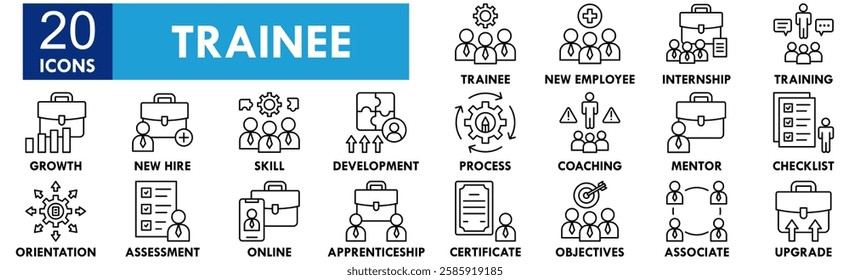 Trainee icon collection set. Containing design professional, work, training, employee, learning