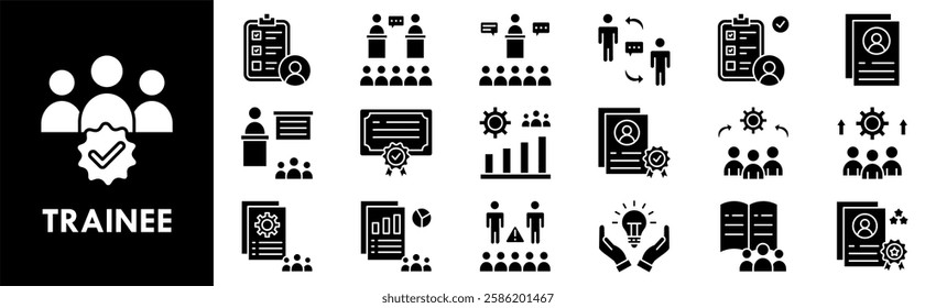 Trainee icon collection set. Containing design professional, work, training, employee, learning
