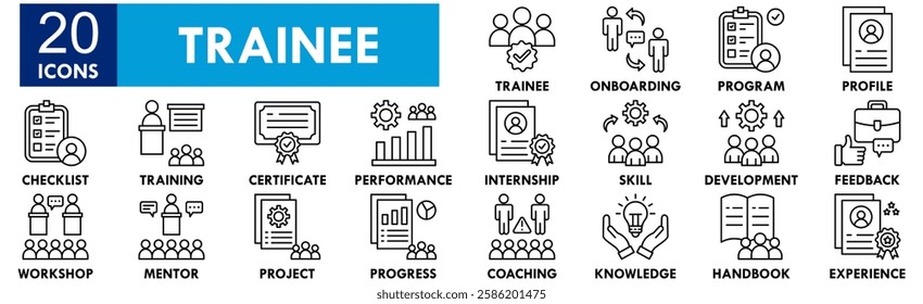 Trainee icon collection set. Containing design professional, work, training, employee, learning