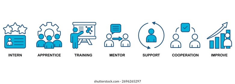 Trainee icon set Blue Monochrome Flat Design concept for for internship training and learning program apprenticeship with an icon of intern, apprentice, training, mentor, support, cooperation
