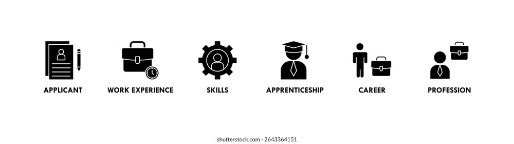 Ícone web da faixa do estágio ilustração do conceito para o aprendizado no programa de treinamento de emprego com o ícone do candidato, a experiência de trabalho, as habilidades, o estágio, a carreira e a profissão