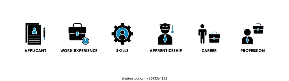Ícone web da faixa do estágio ilustração do conceito para o aprendizado no programa de treinamento de emprego com o ícone do candidato, a experiência de trabalho, as habilidades, o estágio, a carreira e a profissão
