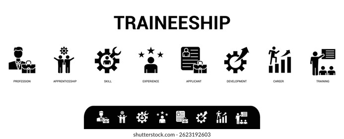 Sítio Web da bandeira do estágio ícone vetor ilustração conceito para aprendizagem no programa de formação profissional com ícone do candidato, experiência de trabalho, competências, estágio, carreira, profissão.