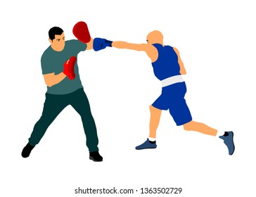 Trainer and boxer vector illustration isolated on white background. Sparring partner martial arts. Direct kick. Clinch, knockout, hook, uppercut. Coach teaches young fighter on training MMA in ring. 