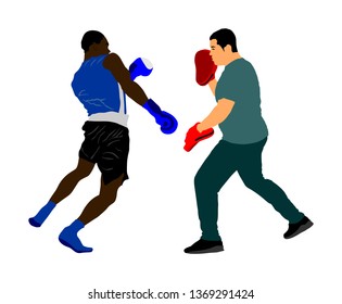 Trainer and boxer vector illustration isolated on white background. Sparring partner martial arts. Direct kick. Clinch, knockout, hook, uppercut. Coach teaches young fighter on training MMA in ring. 