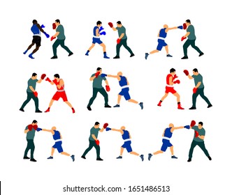 Ilustración vectorial del formador y boxeador aislada en fondo blanco. Artes marciales compañeras. Patada directa. Clínica, knockout, gancho, uppercut. El entrenador enseña táctica de combate en entrenamiento de anillo. 