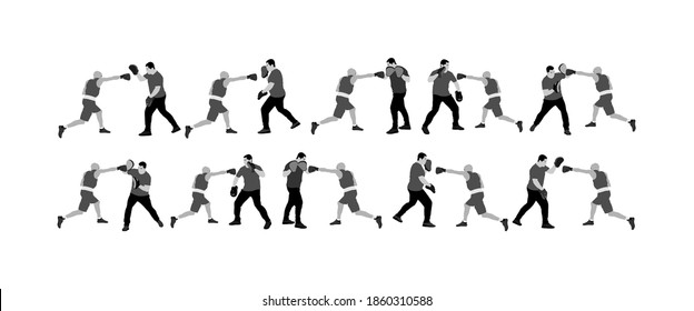 Trainer and boxer vector illustration isolated on white background. Sparring partner martial arts. Direct kick. Clinch, knockout, hook, uppercut. Coach teaches fighter tactical on training in ring. 