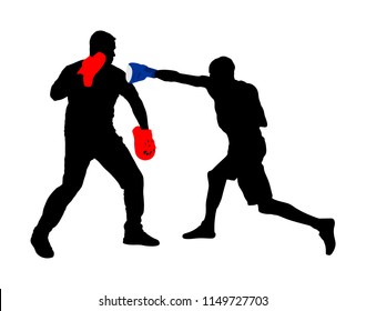 Trainer and boxer vector silhouette illustration isolated on white background. Sparring partner martial arts. Direct kick. Clinch, knockout, hook, uppercut. Coach teaches young fighter mma in ring.