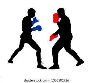 Trainer and boxer vector silhouette isolated on white background. Sparring partner martial arts. Direct kick. Clinch, knockout, hook, uppercut. Coach teaches young fighter on training, mma in ring.