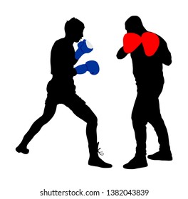 Trainer and boxer vector silhouette isolated on white background. Sparring partner martial arts. Direct kick. Clinch, knockout, hook, uppercut. Coach teaches young fighter on training, mma in ring.