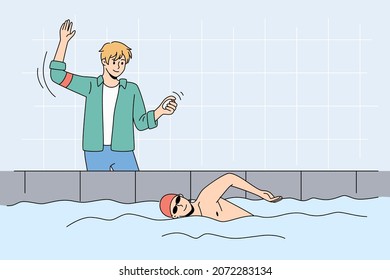 Trainer or coach check time of professional swimmer exercise in indoor basin. Supervisor teach man to swim, training in pool. Healthy lifestyle, sport and physical activity. Vector illustration. 