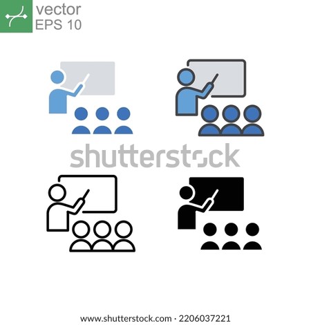 Trainer in demonstrate using blackboard. Webinar education, teacher training and teaching. Business presentation and meeting. Training icon. Vector illustration. Design on white background. EPS10