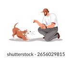 Trainer does obedience training of bull terrier puppy. Owner teaches dog to follow command to speak. Person plays with barking pup, cute pet. Flat isolated vector illustration on white background