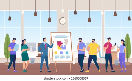 Trainer at Flip Board Teach Team Work in Office. Creative Team Idea Discussion People. Business Men and Women Characters in Working Environment. Education with Coach. Cartoon Flat Vector Illustration