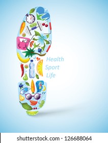 Trainer footprint, built of recreational, sportive, healthy elements and food. EPS10, highly detailed illustration.