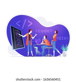 The trainer gives coding training in the workshop. young entrepreneurs or team is doing a workshop for coding with computer or laptop. the team is making a coding workshop.