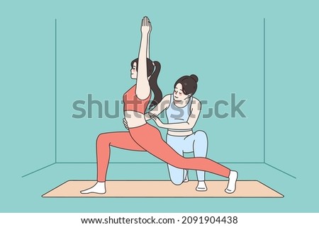 Trainer help female client with yoga pose exercise together in gym or studio. Coach assist woman practice stretching or meditate at class. Healthy lifestyle, sport concept. Vector illustration. 