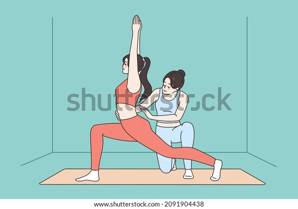 Trainer help female client with yoga pose exercise\
together in gym or studio. Coach assist woman practice stretching\
or meditate at class. Healthy lifestyle, sport concept. Vector\
illustration. 