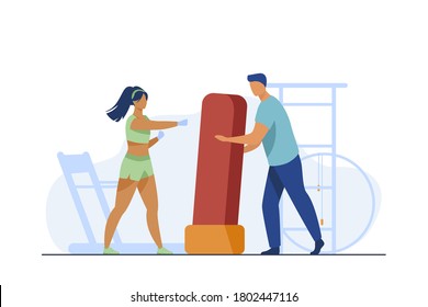 Trainer holding boxing bag for woman. Kickboxing, gym, athlete flat vector illustration. Sport and training concept for banner, website design or landing web page