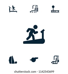 Trainer icon. collection of 7 trainer filled icons such as treadmill, whistle, fitness equipment, man on treadmill. editable trainer icons for web and mobile.