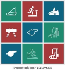 Trainer icon. collection of 9 trainer filled and outline icons such as whistle, trainers, fitness equipment, gym equipment. editable trainer icons for web and mobile.