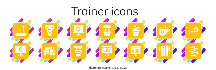 conjunto de iconos del entrenador. 14 iconos de entrenador rellenos. Incluido Treadmill, Presentación, Manifestación, Referente, Silbato, Iconos Wing chun