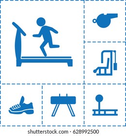 Trainer icon. set of 6 trainer filled icons such as treadmill, whistle, trainers, fintess equipment