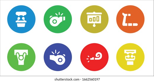 trainer icon set. 8 filled trainer icons. Included Presentation, Demonstration, Referee, Whistle, Treadmill icons