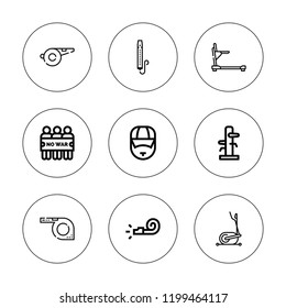 Trainer icon set. collection of 9 outline trainer icons with coach, demonstration, elliptical, whistle, treadmill icons. editable icons.