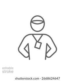 Icono de entrenador. Estilo de contorno simple. Entrenamiento personal, gimnasio, atlético, personas, hombre, estado físico, salud, ejercicio, saludable, entrenamiento, concepto de deporte. Símbolo de línea delgada. Vector de diseño aislado editable stroke