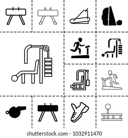 Trainer icons. set of 13 editable filled and outline trainer icons such as fintess equipment, whistle, gym equipment, treadmill, trainers