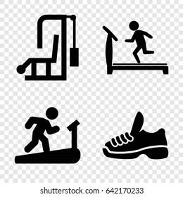 Trainer icons set. set of 4 trainer filled icons such as treadmill, trainers, man on treadmill