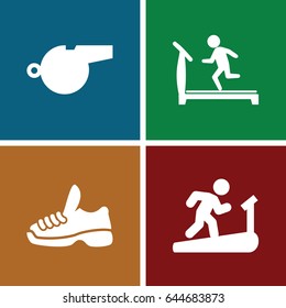 Trainer icons set. set of 4 trainer filled icons such as treadmill, whistle, trainers