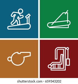 Trainer icons set. set of 4 trainer outline icons such as treadmill, whistle, man on treadmill