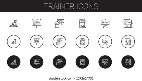 trainer icons set. Collection of trainer with treadmill, presentation. Editable and scalable trainer icons.