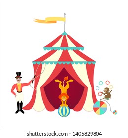 Trainer And Lion On The Ball, Monkey Juggling On A Bike Near The Circus Tent Vector Illustration