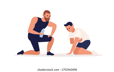 Trainer making support to tired man during training at gym vector flat illustration. Male coach suggest water to client after intense workout isolated. Personal fitness instructor and sportsman